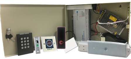 Four Door Access Controller System Kit with Power Supply, Metal Box, Readers, Exit Buttons and MAG Locks