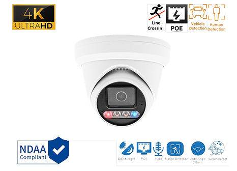 8MP VCA AI Face Detection Human & Vehicle Detection Red & Blue Flash Dual Light Two Way Audio PoE Turret IP Camera